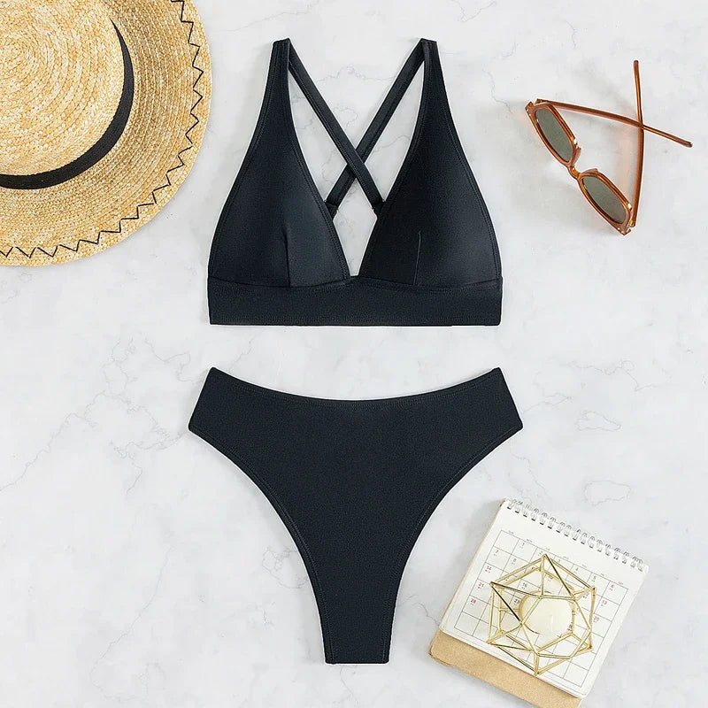 Einfarbiger Bikini mit hoher Taille – Zweiteiliges Set in Schwarz, Weiß oder Rosa